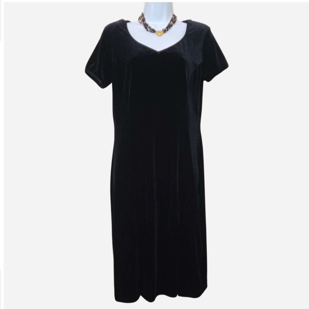 Vintage 90s Velvet Velour V Neck Black Dress Size 12